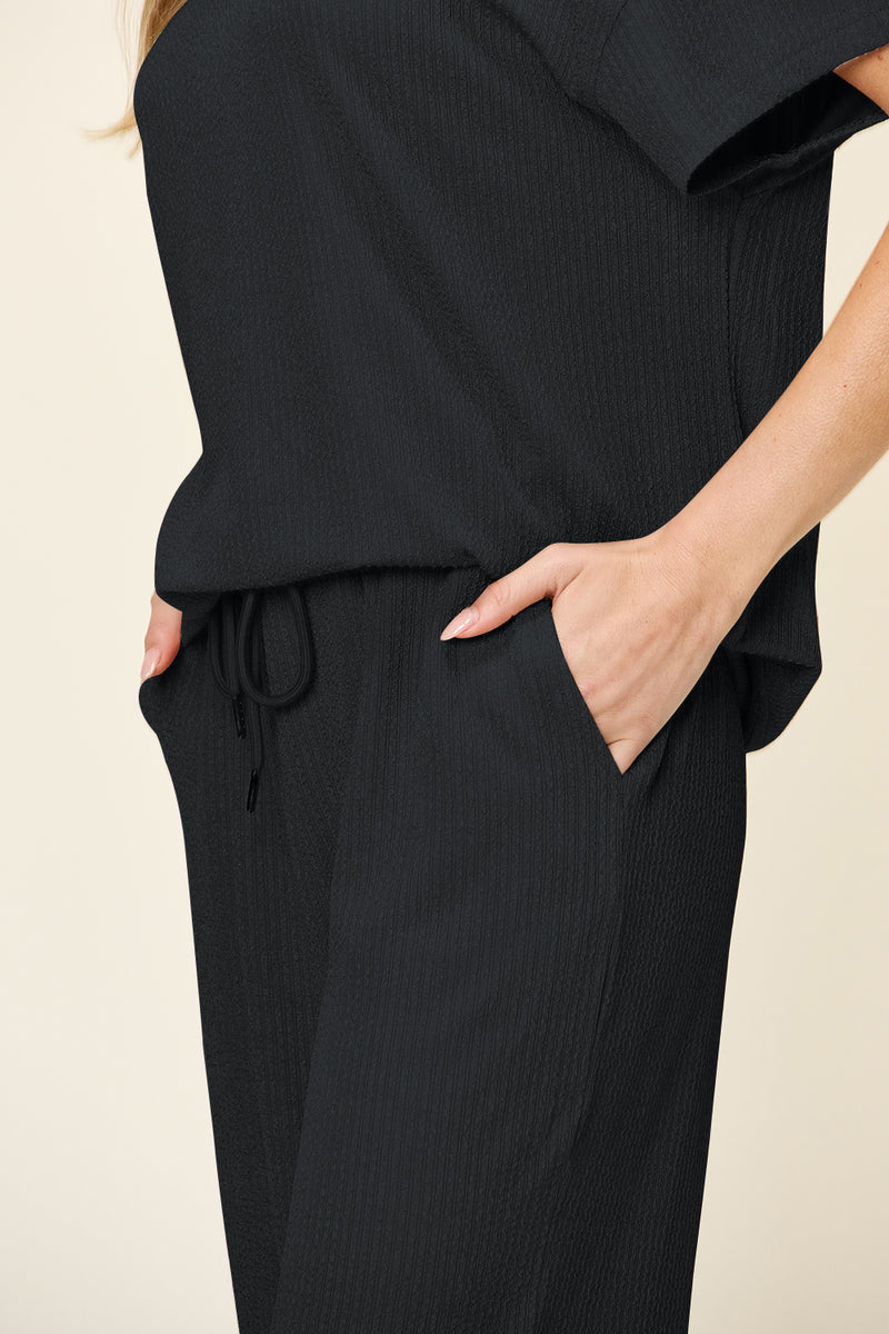 Texture Short Sleeve T-Shirt and Wide Leg Pants (Multiple Colors)