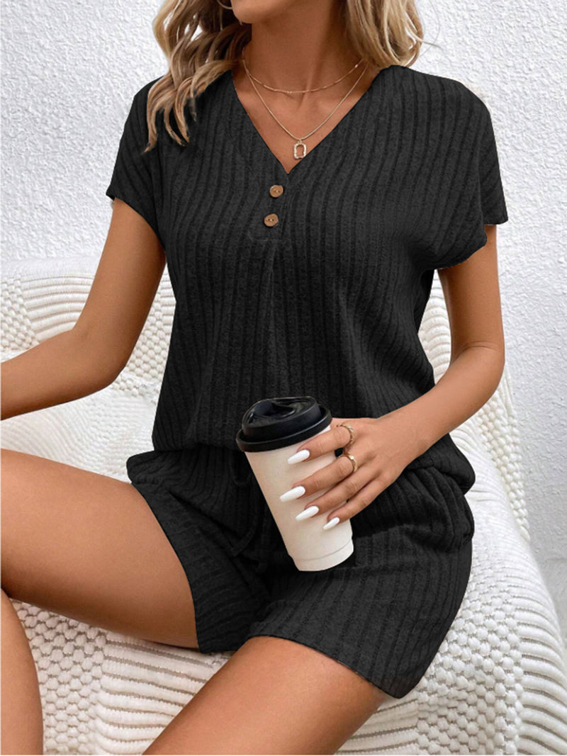 Ribbed V-Neck Top and Shorts Set (Multiple Colors)