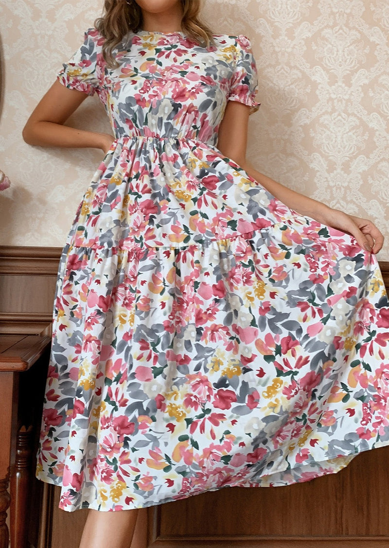 Floral Round Neck Short Sleeve Midi Dress