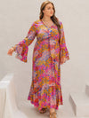 Plus Size Printed V-Neck Long Sleeve Maxi Dress (Multiple Colors)