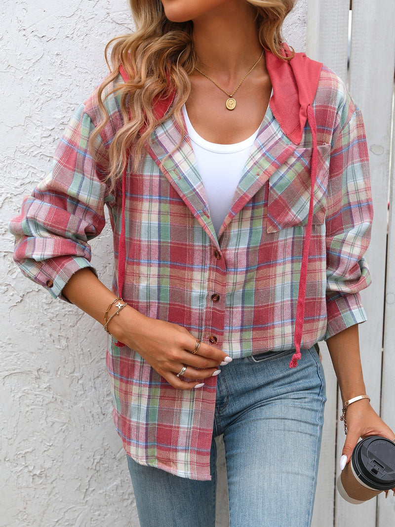 Plaid Long Sleeve Hooded Jacket (Multiple Colors)