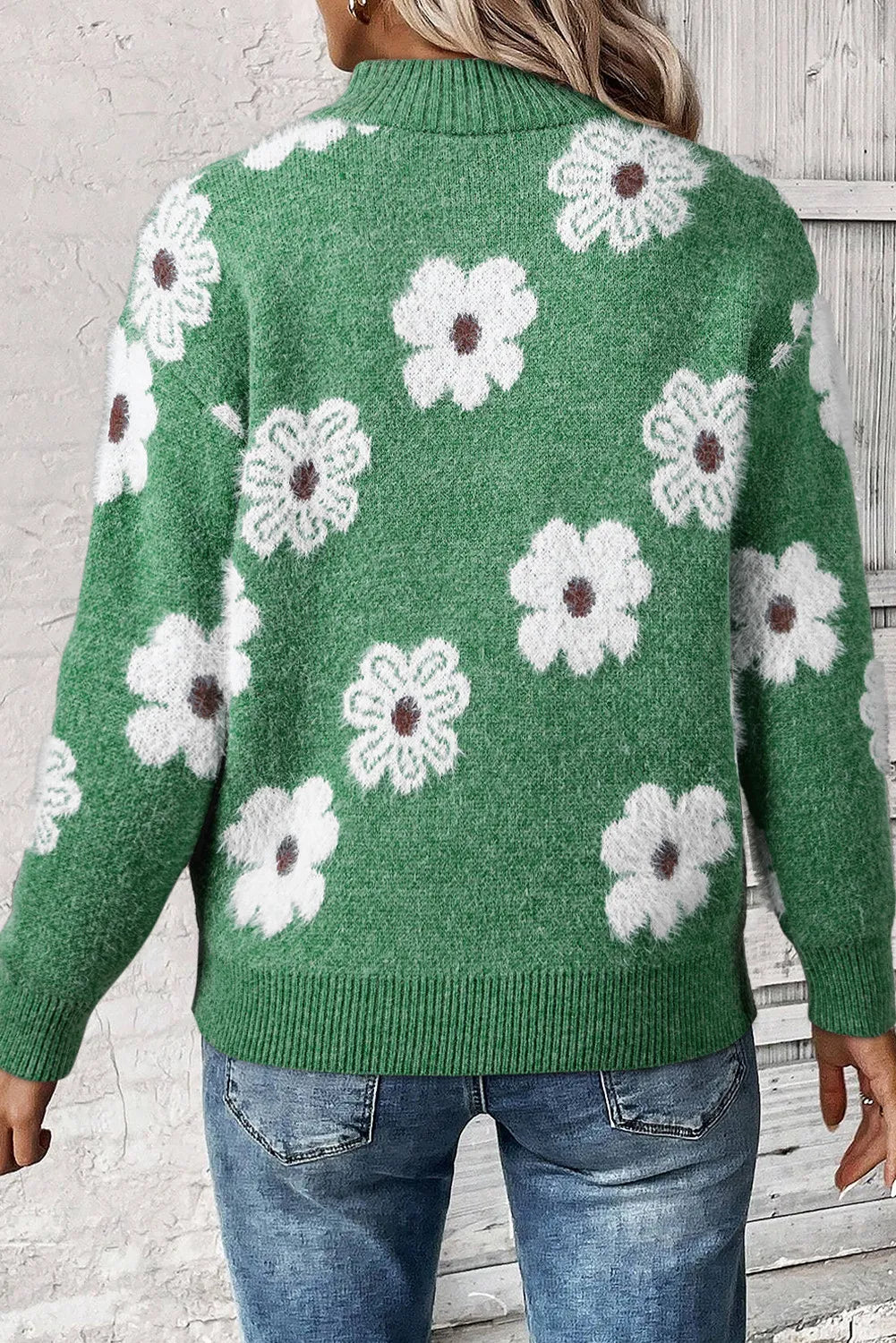 Flower Half Zip Long Sleeve Sweater (Multiple Colors)