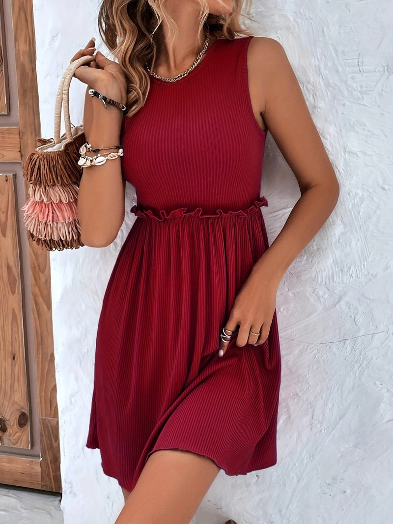 Frill Round Neck Sleeveless Mini Dress (Multiple Colors)