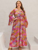 Plus Size Printed V-Neck Long Sleeve Maxi Dress (Multiple Colors)