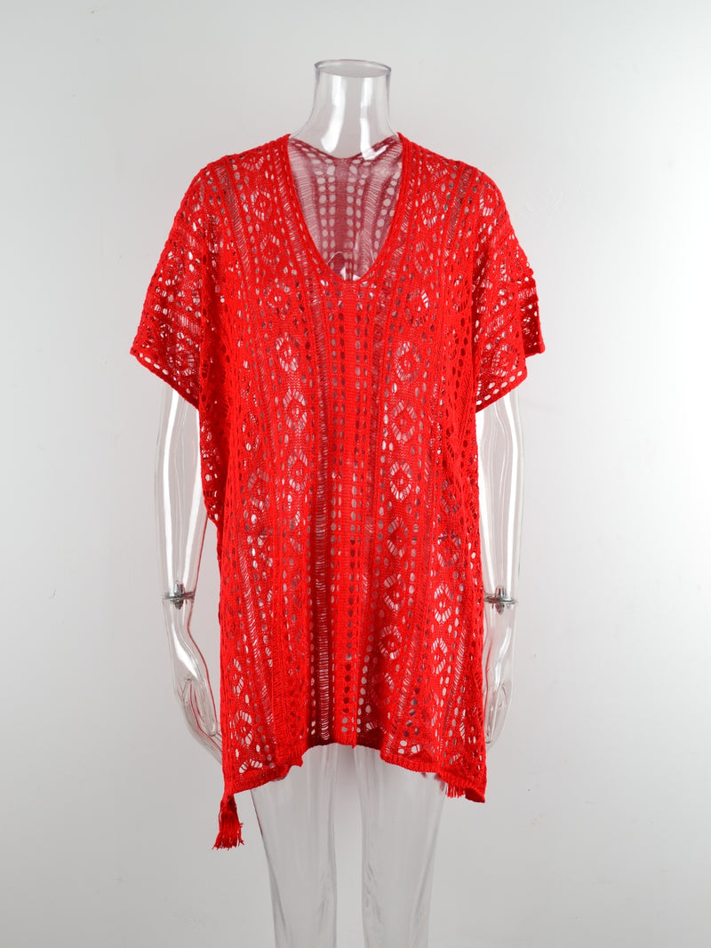 Cutout V-Neck Cover-Up with Tassel (Multiple Colors)