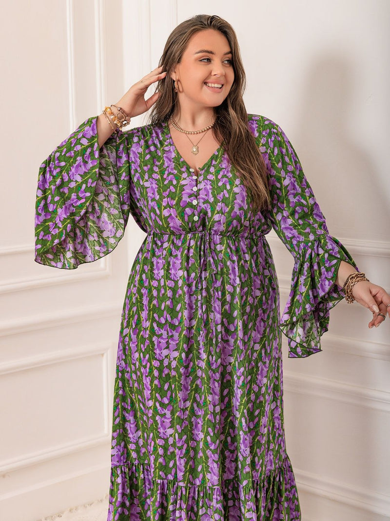 Plus Size Printed V-Neck Long Sleeve Maxi Dress (Multiple Colors)