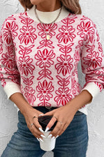 Flower Round Neck Long Sleeve Sweater