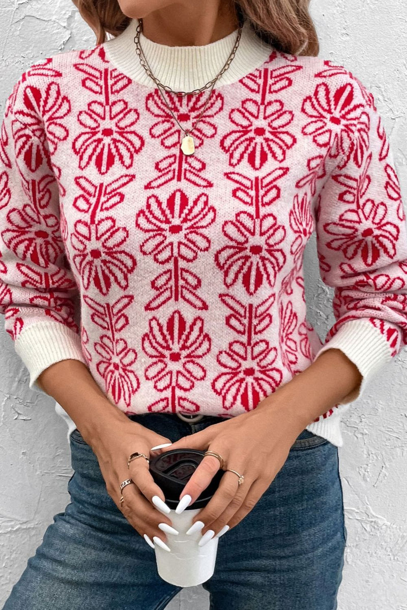 Flower Round Neck Long Sleeve Sweater