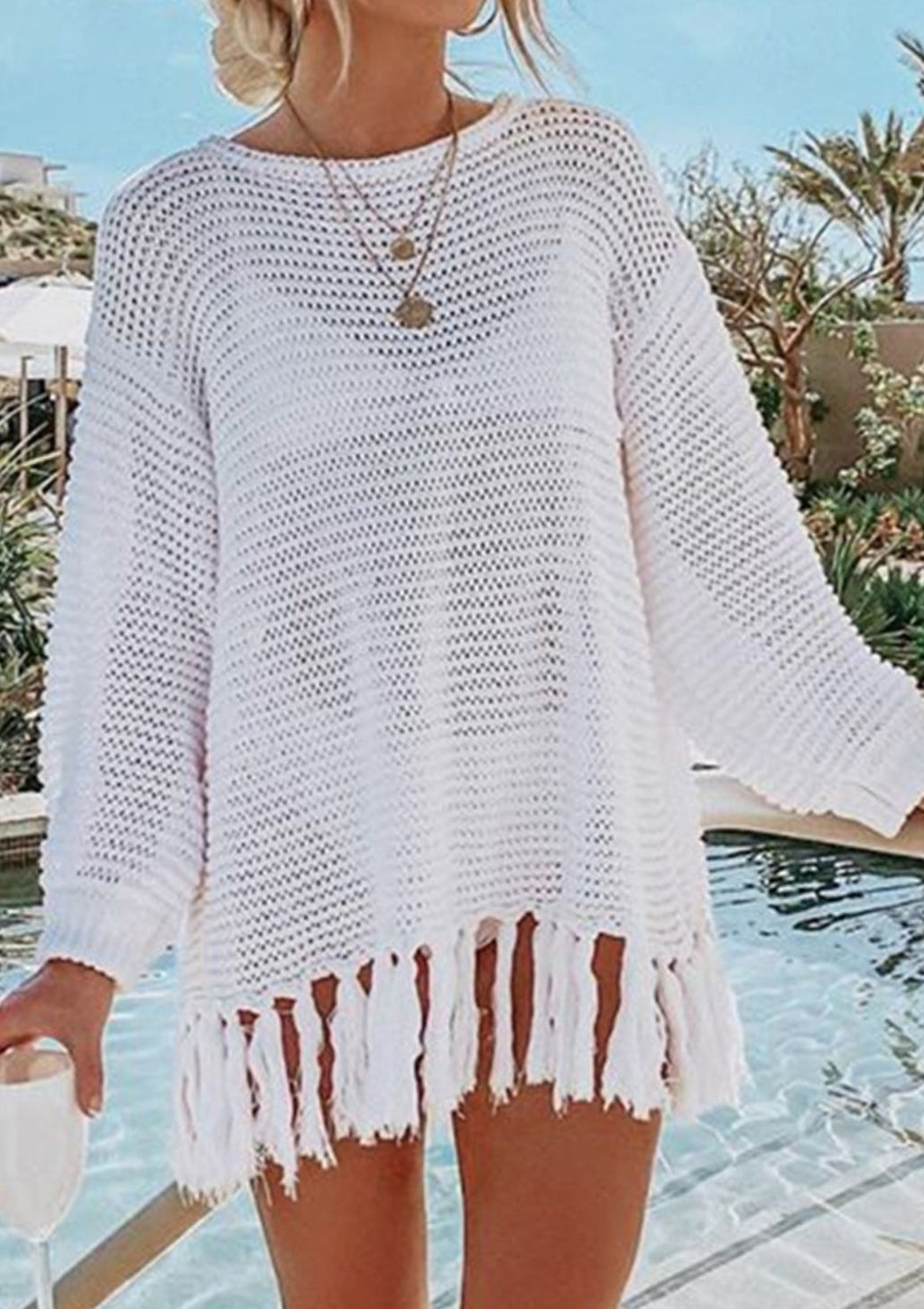 Openwork Tassel Hem Knit Cover Up (Multiple Colors)