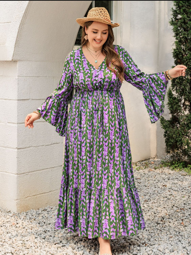 Plus Size Printed V-Neck Long Sleeve Maxi Dress (Multiple Colors)