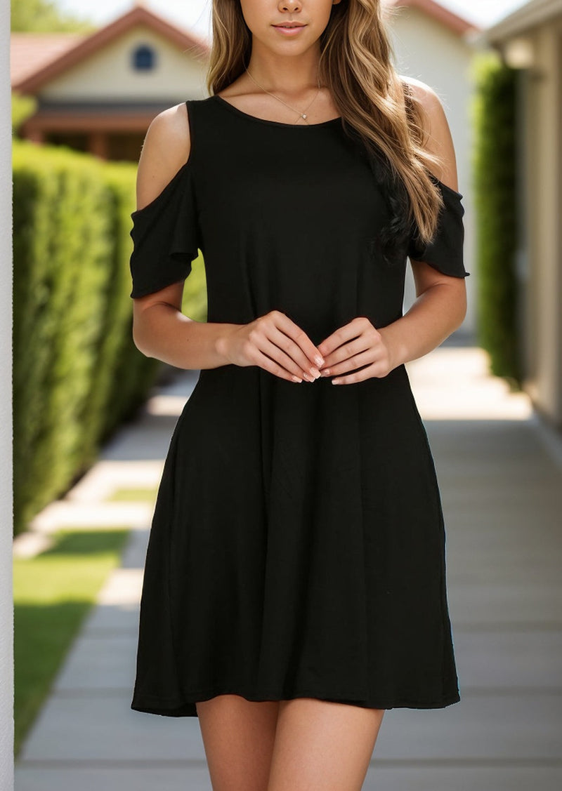 Round Neck Cold Shoulder Mini Dress (Multiple Colors)