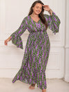 Plus Size Printed V-Neck Long Sleeve Maxi Dress (Multiple Colors)