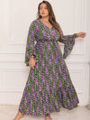 Plus Size Printed V-Neck Long Sleeve Maxi Dress (Multiple Colors)