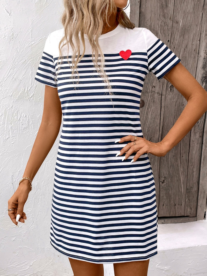 Striped Round Neck Short Sleeve Mini Dress