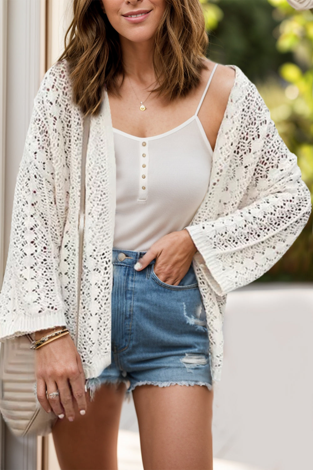 Openwork Open Front Dropped Shoulder Cardigan (Multiple Colors)