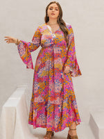 Plus Size Printed V-Neck Long Sleeve Maxi Dress (Multiple Colors)