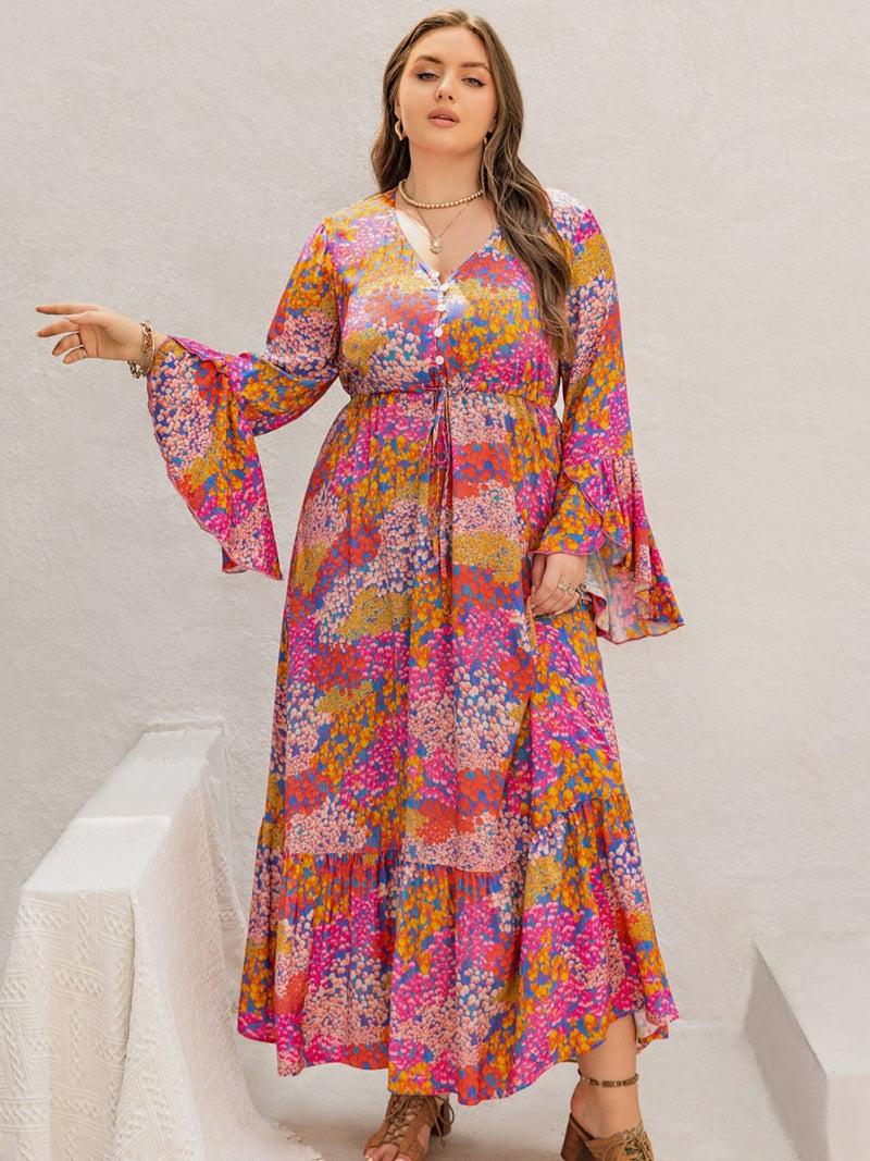 Plus Size Printed V-Neck Long Sleeve Maxi Dress (Multiple Colors)