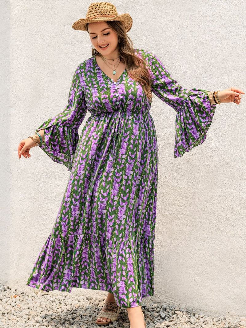 Plus Size Printed V-Neck Long Sleeve Maxi Dress (Multiple Colors)