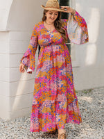 Plus Size Printed V-Neck Long Sleeve Maxi Dress (Multiple Colors)