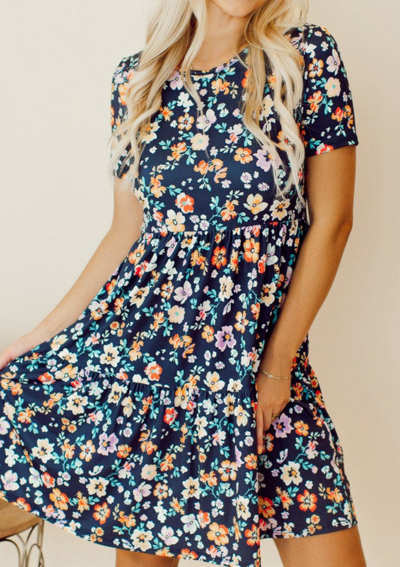 Floral Round Neck Short Sleeve Mini Dress