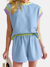 Contrast Round Neck Top and Shorts Set (Multiple Colors)