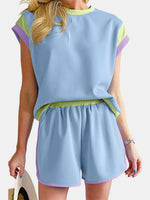 Contrast Round Neck Top and Shorts Set (Multiple Colors)