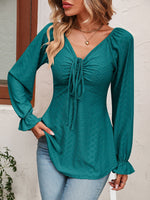 Tie Front V-Neck Puff Sleeve Blouse (Multiple Colors)