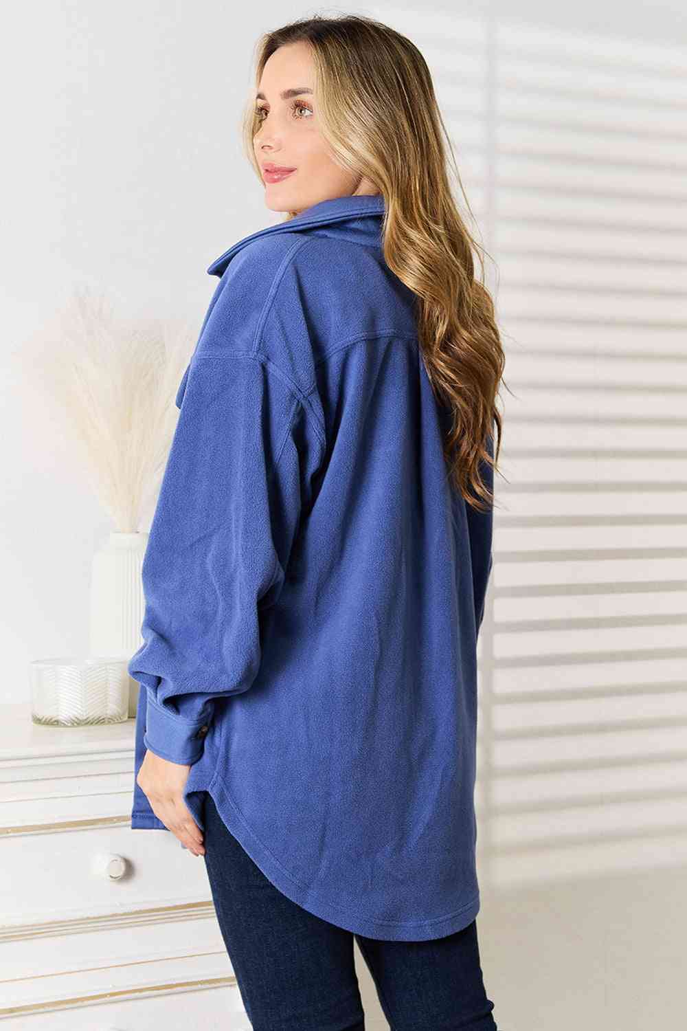 Cozy Girl Button Down Shacket in Blue