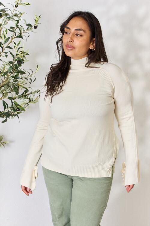Ribbed Bow Detail Long Sleeve Turtleneck Knit Top