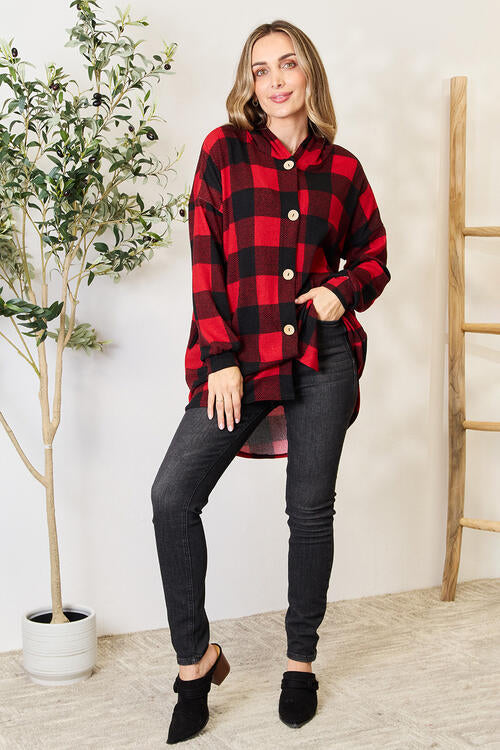 Plaid Button Front Hooded Shirt