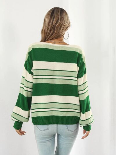 Striped V-Neck Dropped Shoulder Sweater