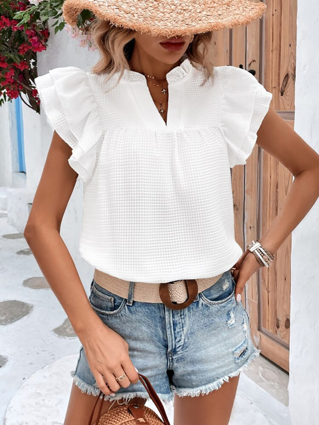 Ruffled Notched Cap Sleeve Blouse (Multiple Colors)