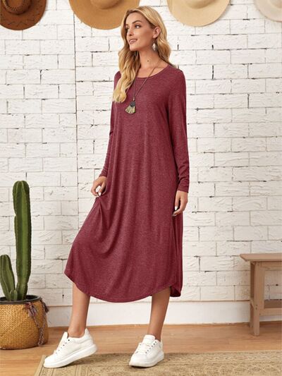 Pocketed Round Neck Long Sleeve Tee Dress (Multiple Colors)