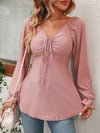 Tie Front V-Neck Puff Sleeve Blouse (Multiple Colors)