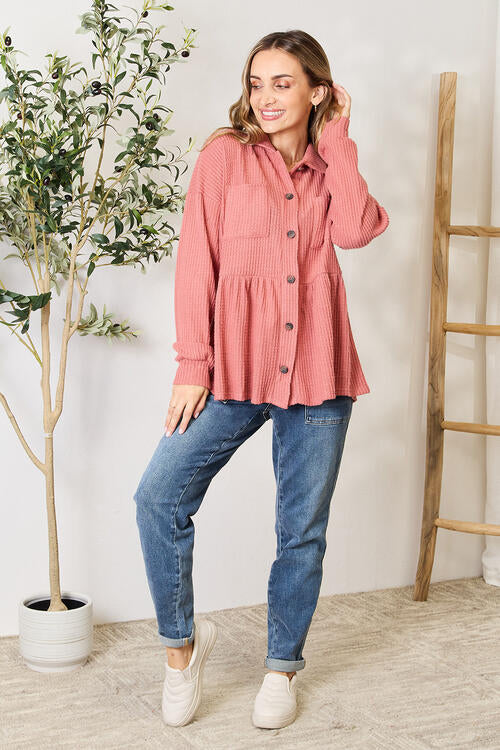 Waffle-Knit Button Down Blouse