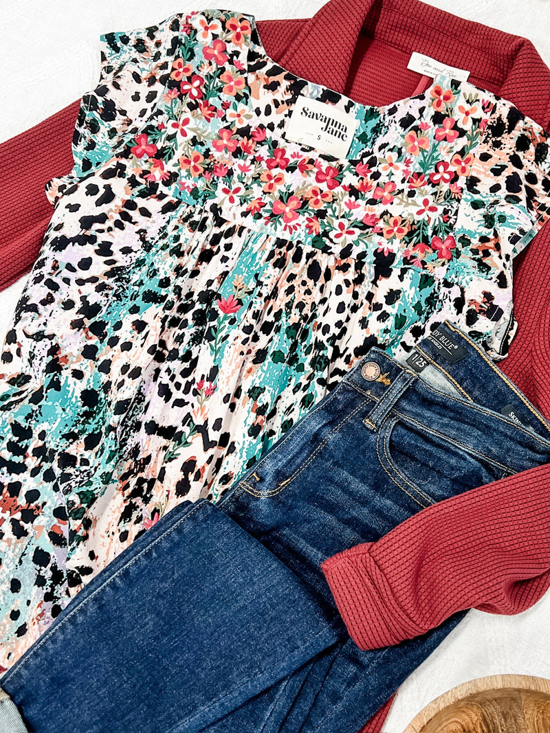 Embroidered Floral And Animal Print Blouse In Teal Multi Color