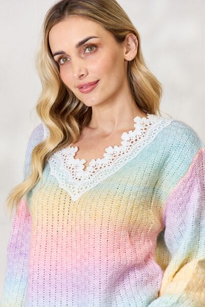 Rainbow Gradient Crochet Detail Sweater