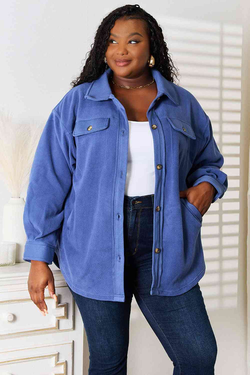 Cozy Girl Button Down Shacket in Blue