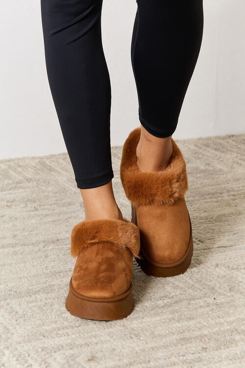 Furry Chunky Platform Ankle Boots in Tan