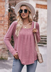 Double Take Pleated Detail Curved Hem Long Sleeve Top