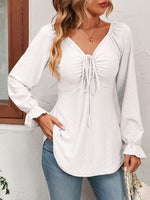 Tie Front V-Neck Puff Sleeve Blouse (Multiple Colors)