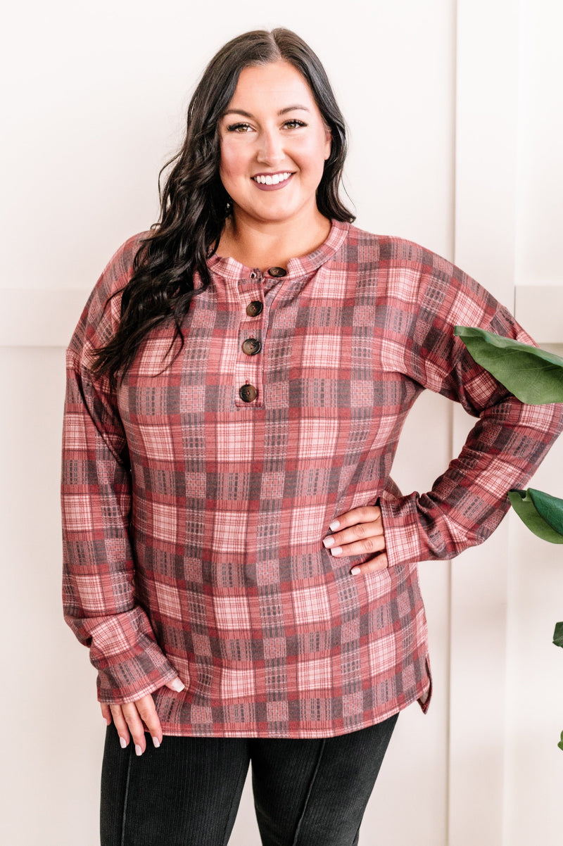 Ultra Soft Button Front Long Sleeve Top In Muted Red Plaid