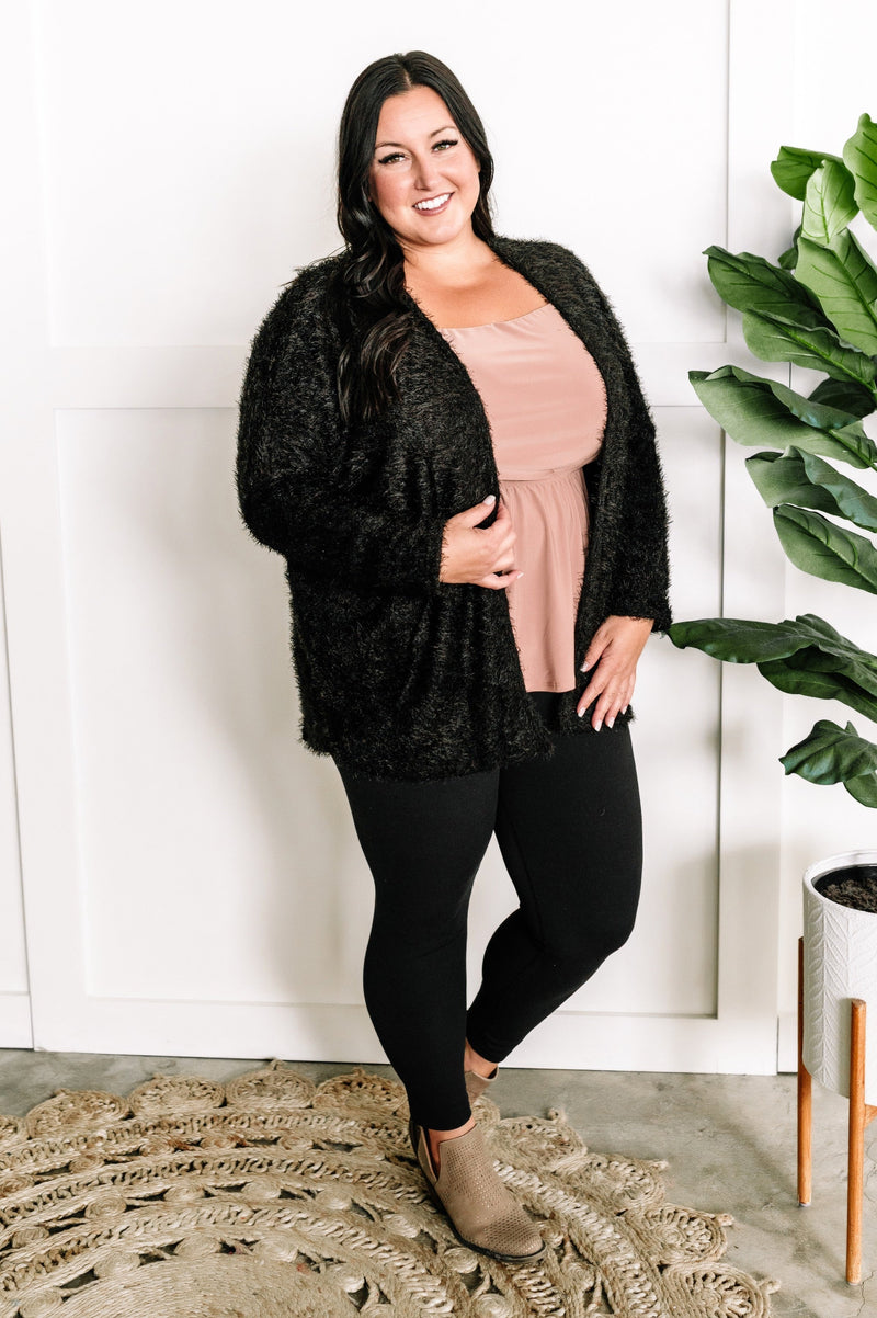 Open Front Feather Cardigan In Black