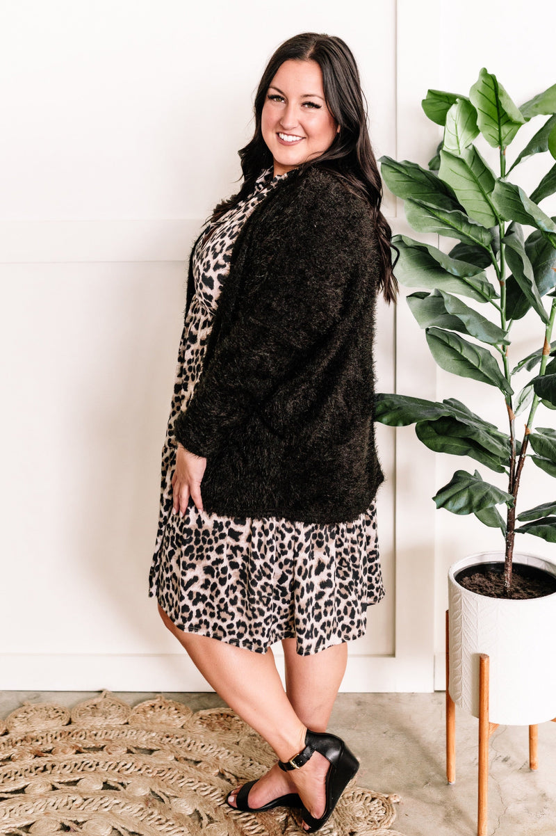 Open Front Feather Cardigan In Black
