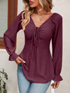 Tie Front V-Neck Puff Sleeve Blouse (Multiple Colors)