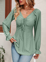 Tie Front V-Neck Puff Sleeve Blouse (Multiple Colors)