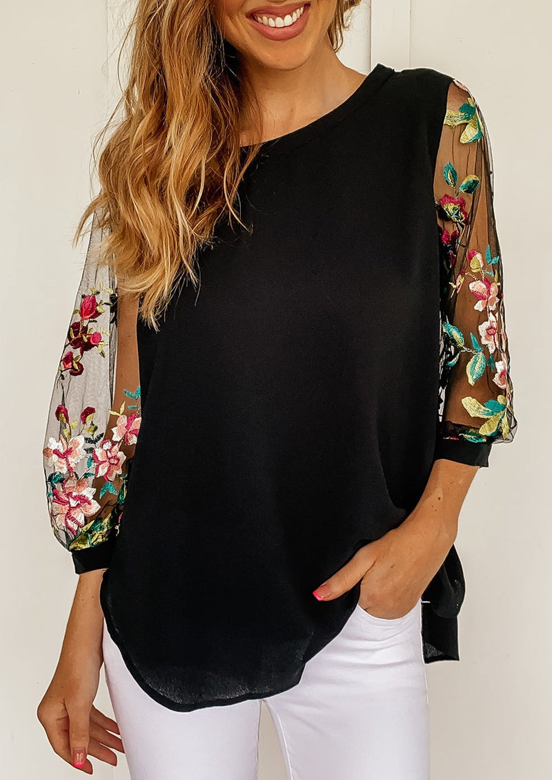 Embroidered Round Neck Three-Quarter Sleeve T-Shirt