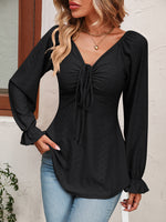 Tie Front V-Neck Puff Sleeve Blouse (Multiple Colors)